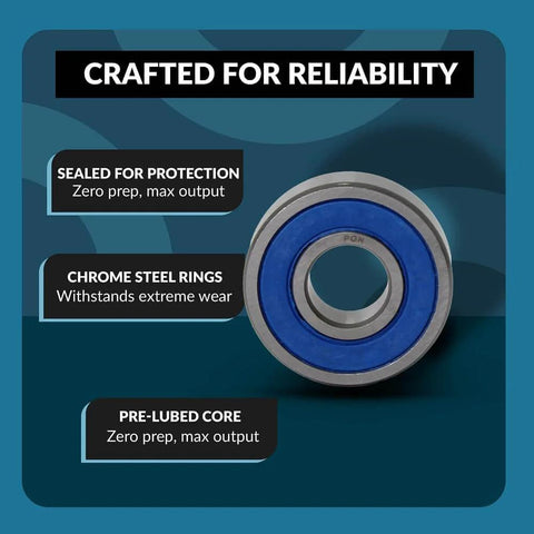 Close-up of 6205-2RS Bearing with blue rubber seal, chrome steel, lubricated, designed for high RPM support and reliability
