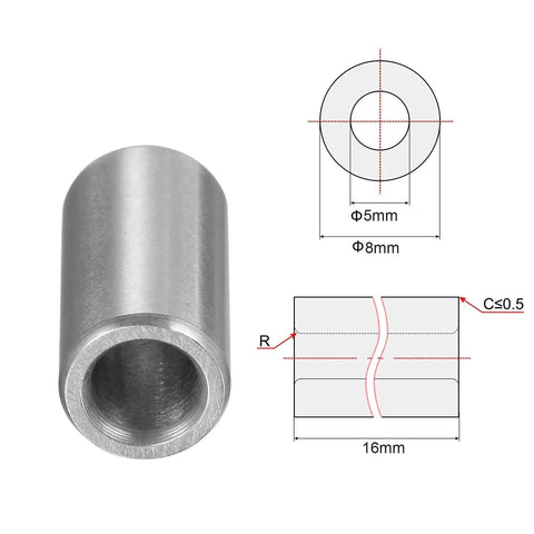 Chrome Steel Sleeve Bearings 5mm Bore 8mm Outer Diameter 16mm Length Oilless Bushings Set Of 6 with technical diagram