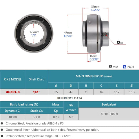 Dimensions and specifications of Chrome Steel Insert Ball Bearings UC201-8 Bore Half Inch Sealed With Set Screw.