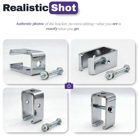 Chrome plated strut channel trolley track hanger bracket offers rugged load support, rust resistance, with screws for installation.