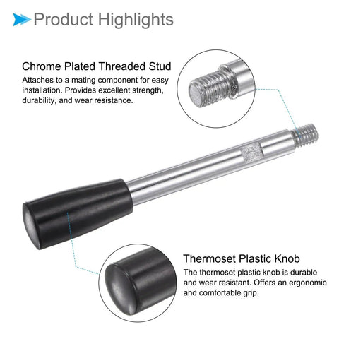 Revolving Crank Clamping Handle With M8 Thread, 116mm long, chrome plated, thermoset plastic knob, industrial lathe accessory.