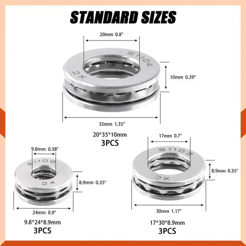 Beefy Nine Piece Chrome Steel Thrust Ball Bearings Set With Multiple Bore Sizes For Oven Turntables And Pumps shown with dimensions