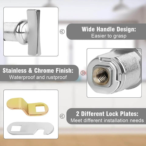 Keyless thumb cam locks for cabinets, RV storage and compartments with wide handle design and stainless chrome finish.