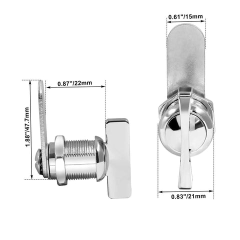 Six thumb operated cam lock sets for cabinets with a 7/8 inch body, showing metal cam lock dimensions.