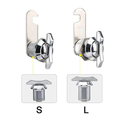 Effortless, keyless access with a thumb operated offset cam lock for RVs, campers, storage cabinets, drawers, and mailboxes; simply turn the wing handle to lock or unlock, compact 19x16mm size, color S.