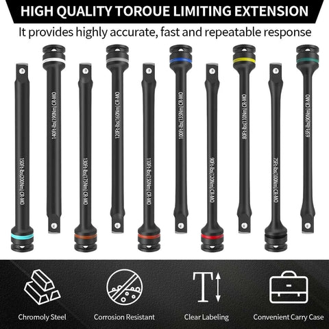 1/2" Drive Torque Limiting Extension Bar Set, 10PCS Torque Stick Set with 8in Color-Coded 65 to 150 Ft-Lbs displayed with features