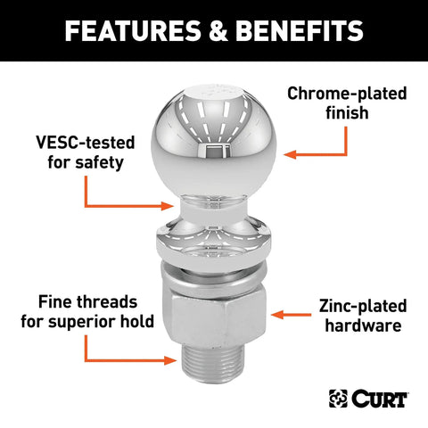 Chrome Trailer Hitch Ball For 2-Inch Couplers, 3500 Lbs Tow Capacity, shown with safety and durability features, close-up view.
