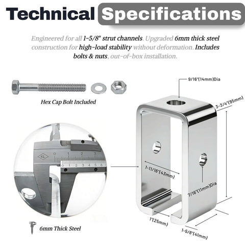 Chrome plated strut channel trolley track hanger bracket offers rugged load support, rust resistance, and a sleek industrial look.