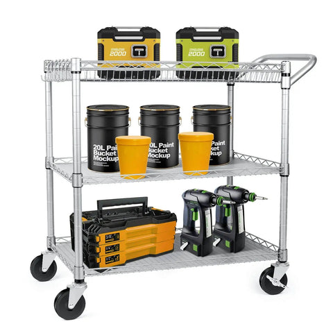 Built Tough 990 Lb Capacity Heavy Duty Rolling Utility Cart For Kitchen And Restaurant NSF Commercial Grade Metal Trolley With Wheels Handle Bar And Shelf Liner Anti Rust Chrome Finish For Easy Serving And Storage, loaded with tools and paint buckets on a white background