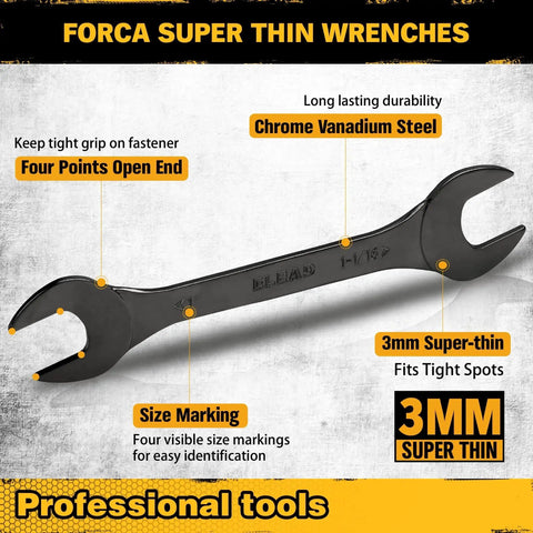 Ultra Slim 19 Piece Open End Wrench Set With Roll Up Pouch, 3 mm ultra thin profile, Chrome Vanadium Steel, size marking detail
