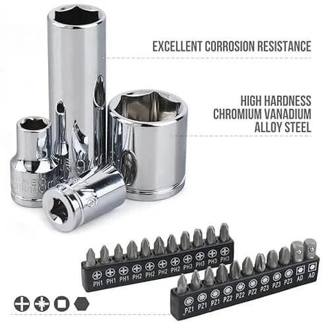 Sockets and screwdriver bits from Beefy Garage-Ready Mechanic Tool Set With Case 145-Piece Socket Kit in chrome-vanadium steel.