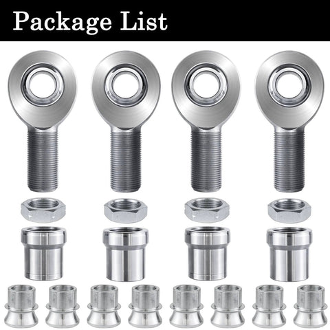 2 pair 1.25 inch Heim Joint Rod End Kit with chromoly rod ends, adapters, and spacers for steering and suspension applications.