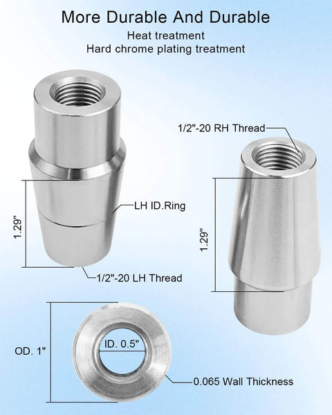 Dimensions of 1/2 Heim Joints Rod End Kit with Left and Right Hand Threads, Chromoly Hard Chrome Plated Tube Adapters.