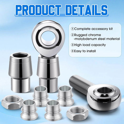 8 pcs 3/4 inch Heim Joint Rod End Kit with chromoly suspension joints, round tube adapters, spacers, and jam nuts, chrome plated