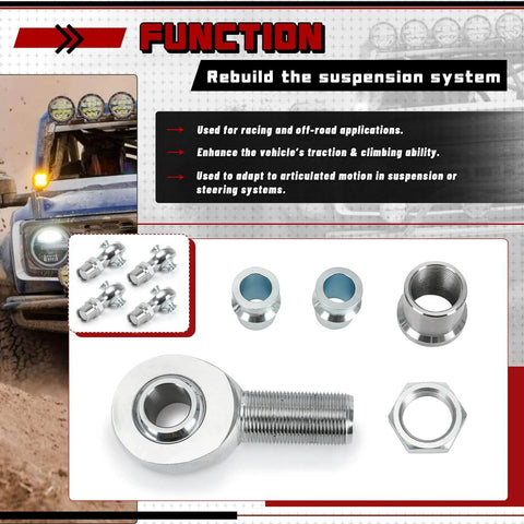1.25 inch Heim Joint Rod End Kit with chromoly rod ends, round tube adapters, misalignment spacers, and jam nuts for off-road use