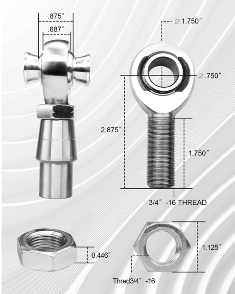 3/4 Heim Joint Rod End Kit with Left and Right Hand Threads and Chromoly Panhard Set, shown with measurements and components.