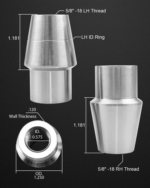 5/8 inch Heim joint rod end kit, chromoly panhard bar joints showing dimensions, left and right hand threading, heat treated, hard chrome plated