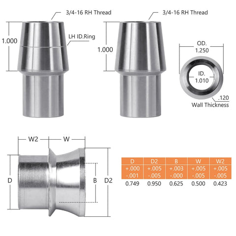 3/4 Heim Joint Rod End Kit with Right and Left Hand Threads, .750 Chromoly Panhard Joints Set dimensions and specifications