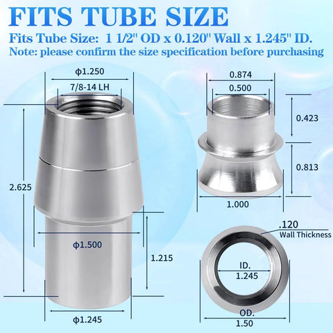 Diagram showing chromoly steel rod end dimensions for 7/8-14 Heim Joint Rod End Kit with right and left hand thread.