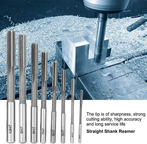 Chucking Reamer Three Eighths Inch H7 HSS Lathe Tool For Metal And Non Ferrous Copper Round Shank Milling Cutting Tool Top Notch Pro Grade Uncoated High Speed Steel For Precision Holes In Aluminum Brass And Other Metals One Piece, shown with multiple reamers and milling machine in background.