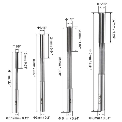 Pro Grade Chucking Reamer Set For Precision Bore Machining With High Speed Steel Four Piece Reamer Set In Sizes 1/8 Inch 3/16 Inch 1/4 Inch And 5/16 Inch H7 Tolerance Straight Shank Lathe Tool Reamers