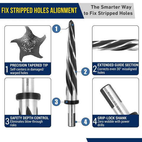 Five Piece Chucking Reamer Set In High Speed Steel For Metal Wood And Plastic With Spiral Flute Delivers Smooth Precise Hole Enlargement Without Chatter Or Burrs Ideal For Bridge Work And Diy Projects Enlarge Holes From Three Eighths To One Inch shown with features like precision tip and guide section.