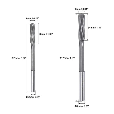 Image of two spiral flute reamers from the Chucking Reamers Set For Lathe And Milling Machines By Uxcell, showing dimensions.
