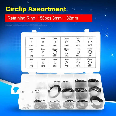 150 Piece Circlip Snap Ring Kit With 3mm To 32mm Internal And External Lock Rings 18 Sizes In Box