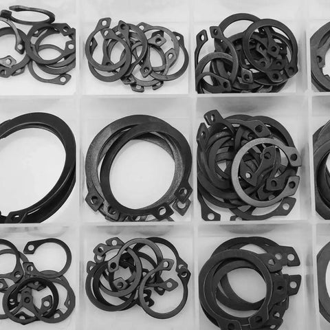 150 Piece Circlip Snap Ring Kit With 3mm To 32mm Internal And External Lock Rings 18 Sizes In Box, top view