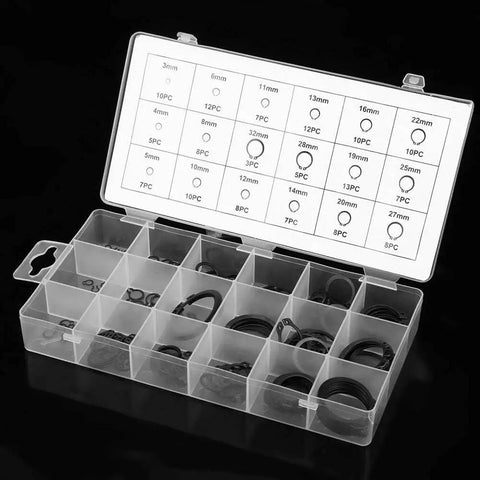 150 Piece Circlip Snap Ring Kit With 3mm To 32mm Internal And External Lock Rings 18 Sizes In Box For Industrial Fasteners And Machinery Maintenance DIY Projects.