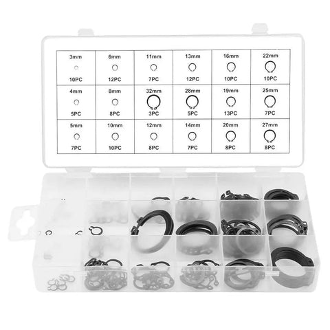 150 Piece Circlip Snap Ring Kit With 3mm To 32mm Internal And External Lock Rings 18 Sizes In Box For Industrial Fasteners And Machinery Maintenance DIY Projects