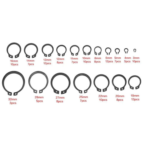 150 Piece Circlip Snap Ring Kit With 3mm To 32mm Internal And External Lock Rings 18 Sizes In Box For Industrial Fasteners And Machinery Maintenance DIY Projects. Multiple sizes displayed in organized layout.