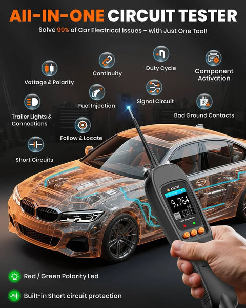 All In One Automotive Power Circuit Probe Tester Kit For Cars 12/24V showing digital display and car schematic