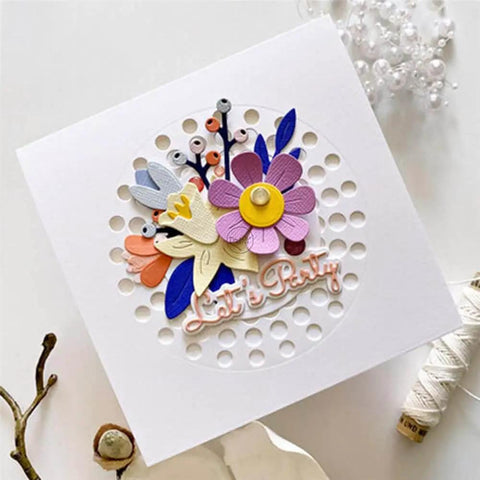 Card with Circular Dot Background Die for Card Making and Scrapbooking decorated with colorful flowers and text "Let's Party"