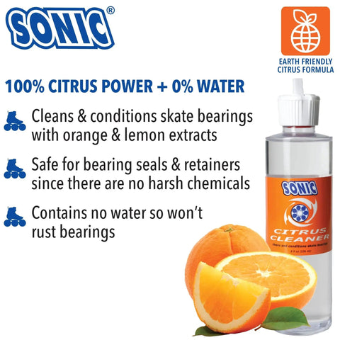 Citrus Power Bearing Cleaner bottle with orange slices, highlighting 100% citrus, no water formula for inline skate bearings.