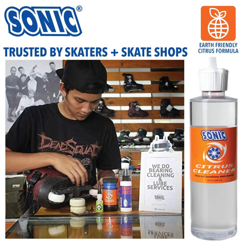 Skater using Citrus Power Bearing Cleaner for inline skates, Earth-friendly formula, 8 oz Sonic bottle displayed, trusted by skate shops.