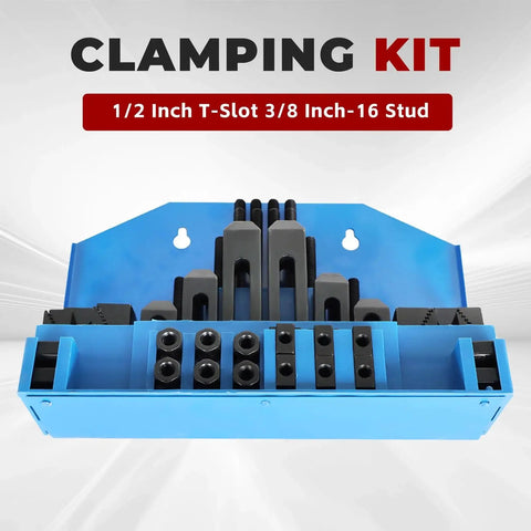 58 Piece Pro Series One Half Inch T Slot Clamp Kit With Three Eighth Inch Sixteen Thread Studs in blue case for milling machines