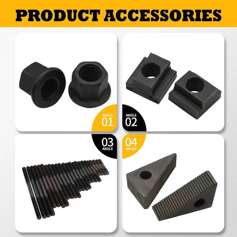 58 Piece 5/8 Inch T Slot 1/2 Inch Stud Hold Down Clamp Kit For Clamping Workpieces On Your Machine Tools Lathes And Metal Cutting Machines Built From Superior Cast Steel With Durable Plastic Storage Box, accessory components shown.