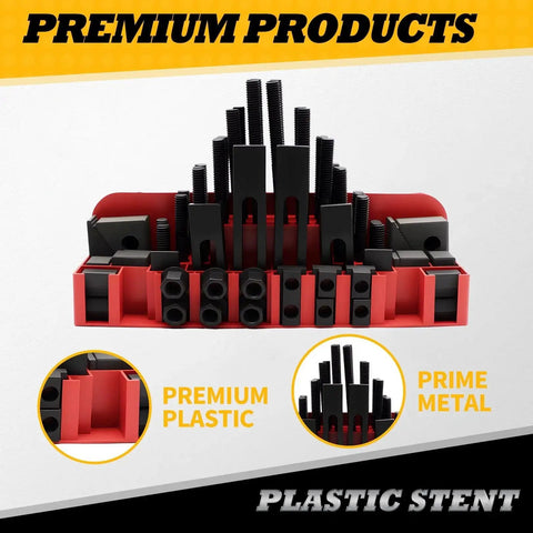 58 Piece 5/8 Inch T Slot 1/2 Inch Stud Hold Down Clamp Kit For Clamping Workpieces On Your Machine Tools Lathes And Metal Cutting Machines Built From Superior Cast Steel With Durable Plastic Storage Box, front view
