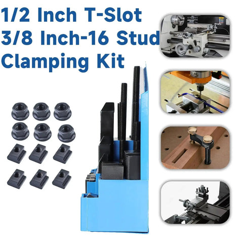 Pro Series 58 Piece Half Inch T Slot Three Eighths Inch Stud Clamping Kit for Bridgeport Mills, cast steel, heat treated