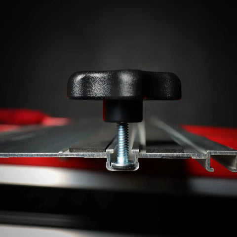 Side view of a Five Sixteenth Inch Internal Threaded Clamping Knob on a T-Track Jig, highlighting plastic knob with brass insert.