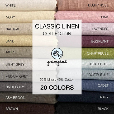 Classic Linen Collection fabric swatches in 20 colors including natural, ivory, taupe, and dusty rose. 55% linen, 45% cotton.