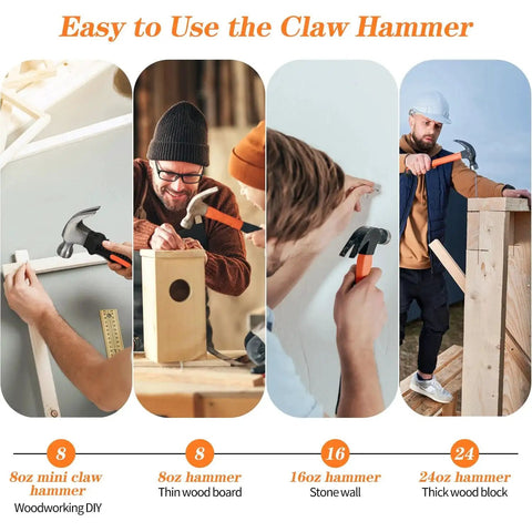 Various hammers in use, including eight ounce straight rip claw hammer with fiberglass handle smooth face non slip grip for carpentry.