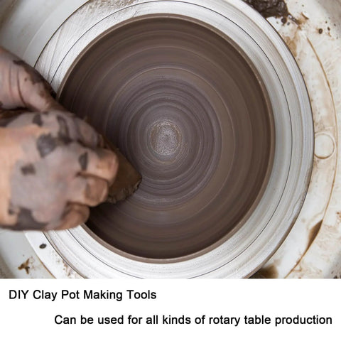 Hands shaping clay on a rotating pottery wheel, illustrating DIY craft use for a 20 Inch Heavy Duty Lazy Susan Hardware Aluminum Bearing Metal Rotating Turntable Swivel Plate with Non Slip Feet for Dining Tables Workbenches Displays Cake Decorating and DIY Rotating Platforms