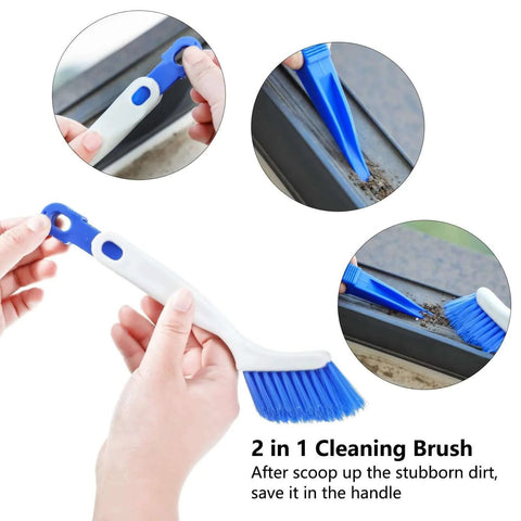Close-up of 4 Pieces Cleaning Brush Sets Small Scrub Brush Household Use for Cleaning Bottle Sink Kitchen Sink Corner Dish Edge Grout Bathroom Sliding Door Window Track(White, Blue) showing detachable head and use in window track.