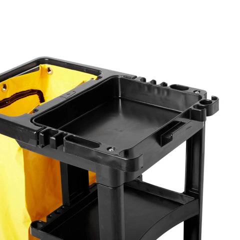 Workhorse Commercial Cleaning Cart With 3 Shelf Racks And Wheeled Design Featuring A Zippered Yellow Vinyl Bag Front Platform
