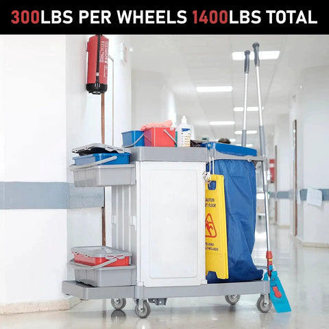 Cleaning cart with 5 Inch Thermoplastic Rubber Caster Wheels Set Of Four With Heavy Duty Precision Bearings Non Marking Floor Friendly Caster Wheels For Industrial Carts And Equipment 275 Lbs Load Capacity Per Wheel Quiet, Smooth Rolling And Floor Protective.