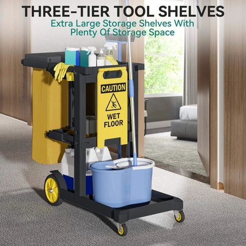 Beefed Up Cleaning Cart On Wheels With 3 Shelf Plastic Design For Janitorial Jobs Includes 2 Yellow 25 Gallon Vinyl Bags And Rubber Gloves In Black By YITAHOME in hallway