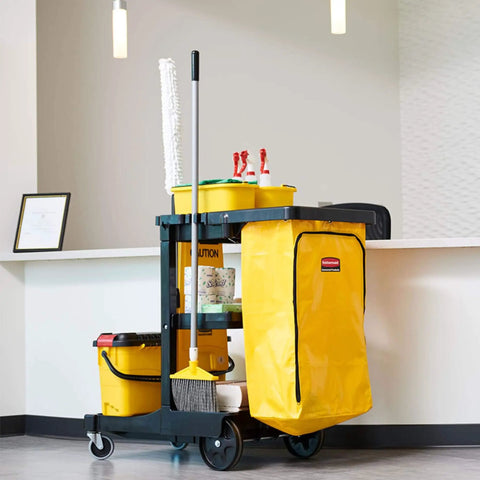 Workhorse Commercial Cleaning Cart With 3 Shelf Racks And Wheeled Design Featuring A Zippered Yellow Vinyl Bag Front Platform