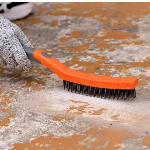 Stainless Steel Wire Brush and Carbon Steel Bristles Brush Set used for paint removal on concrete surface.